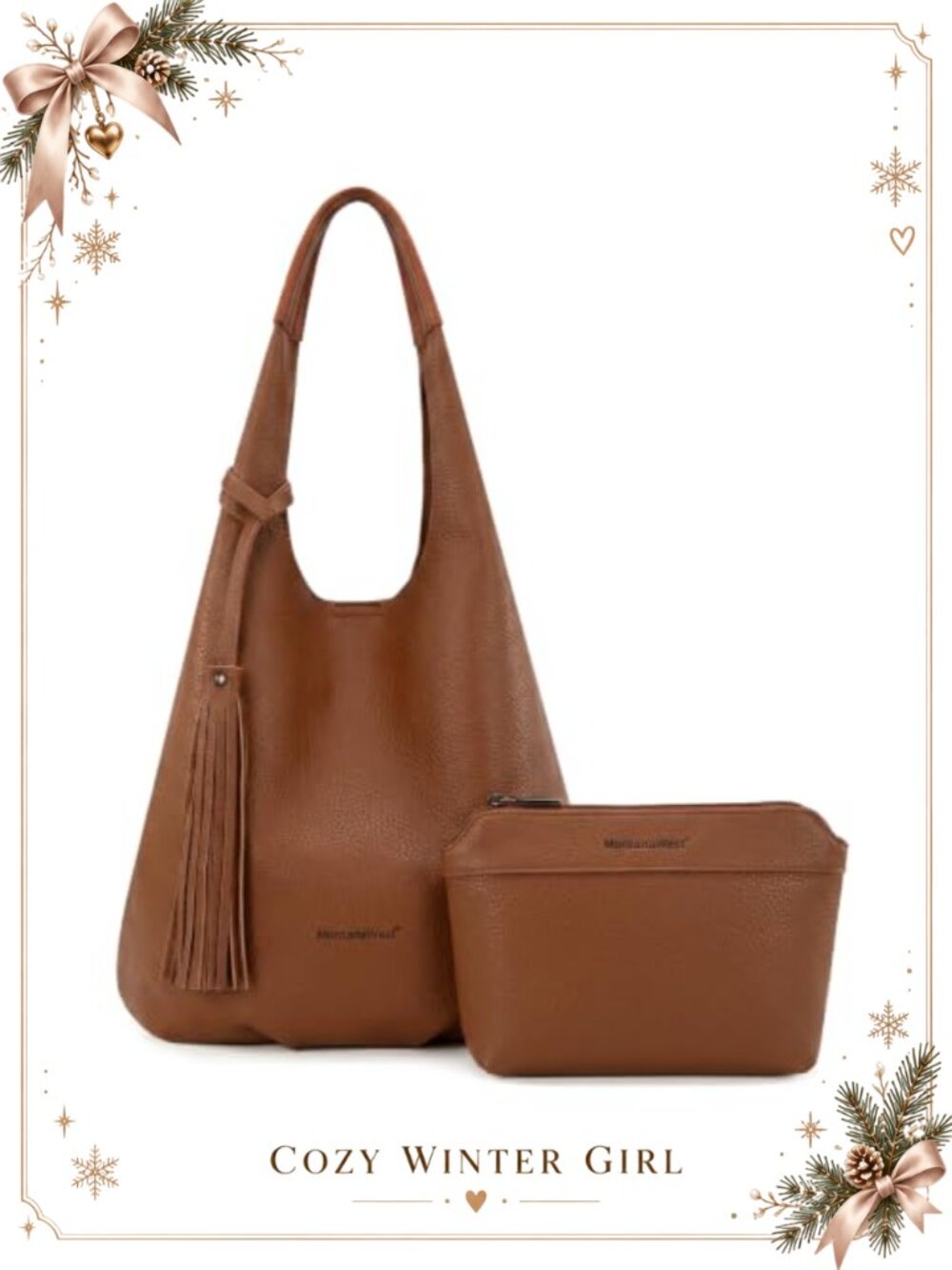 Women's Slouchy Hobo Shoulder Bag Set with Vegan Synthetic Leather and Cosmetic